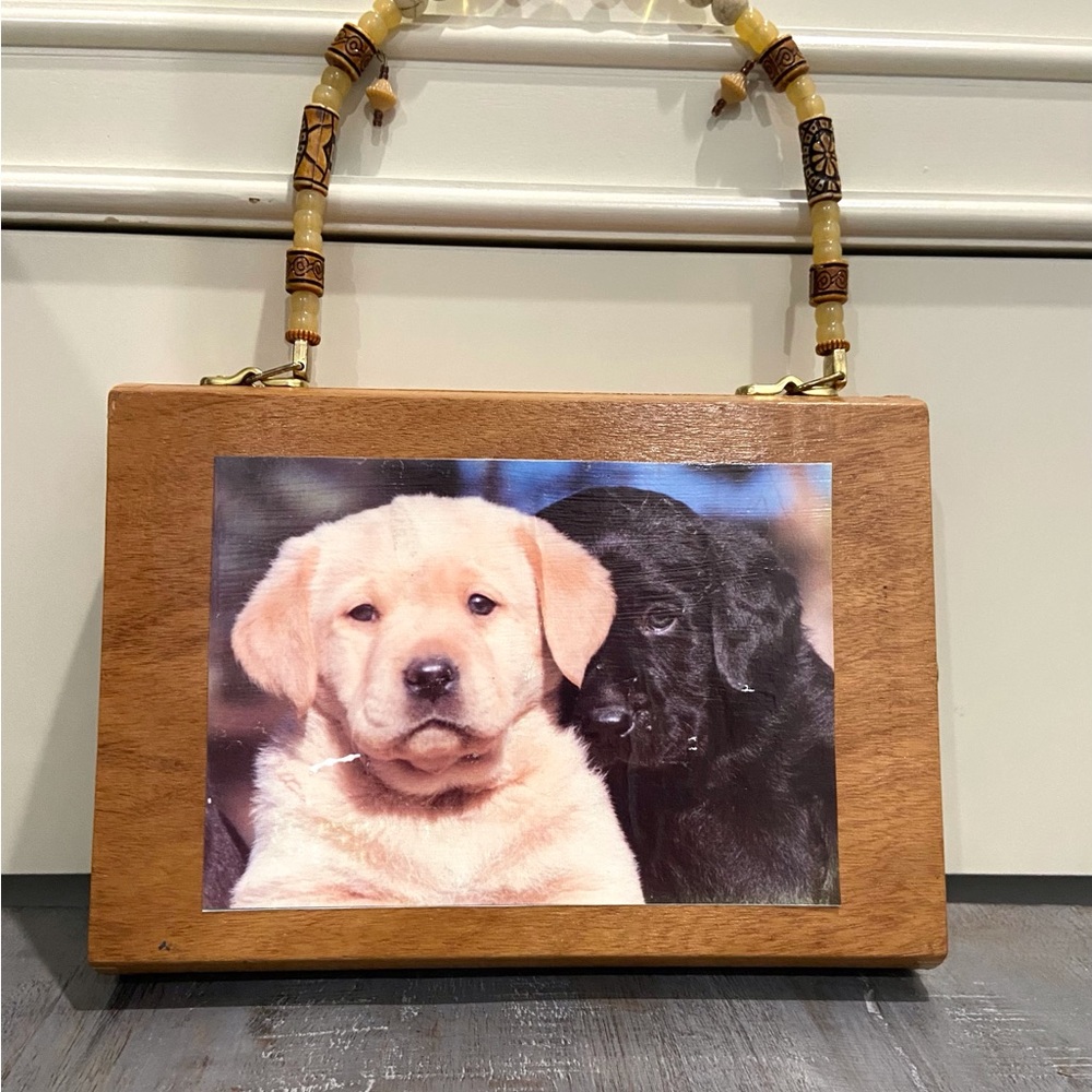 Unique Pleiades Paris Wood Cigar Box Handbag Glaze Dog Photo Bead Handle Purse